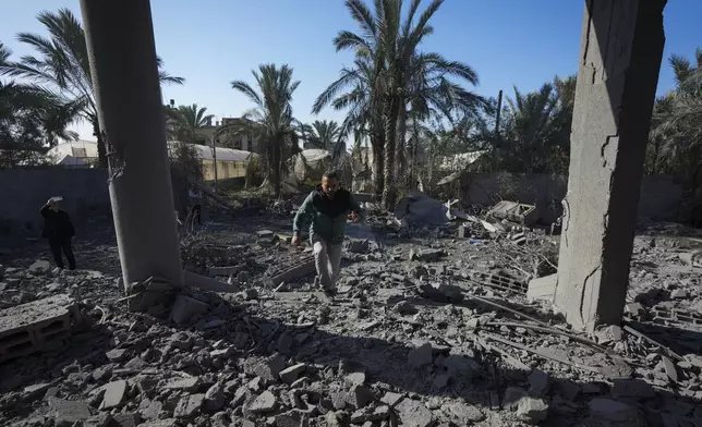 A Palestinian inspects the rubble of a destroyed building following an overnight Israeli strike in Deir al-Balah, Gaza Strip, Wednesday, Dec. 4, 2024. (AP Photo/Abdel Kareem Hana)