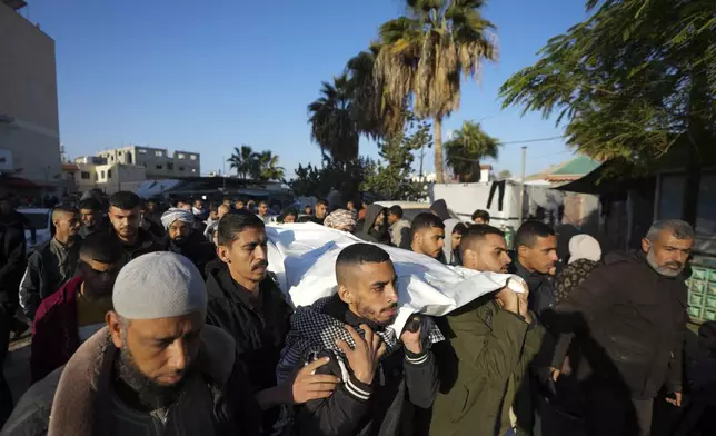 Palestinians carry the body of victim of an overnight Israeli strike, during a funeral in Deir al-Balah, Gaza Strip, Wednesday, Dec. 4, 2024. (AP Photo/Abdel Kareem Hana)