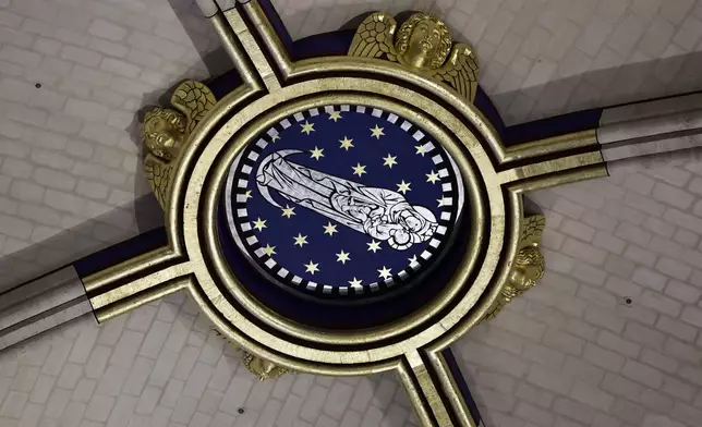 A base under the arrow is seen inside Notre-Dame de Paris cathedral while French President Emmanuel Macron visits the restored interiors of the monument, Friday Nov. 29, 2024, in Paris. (Stephane de Sakutin, Pool via AP)