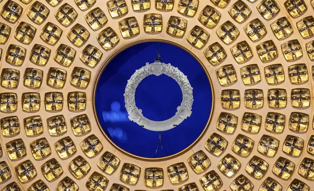 The reliquary of the Crown of Thorns, designed by French Artist Sylvain Dubuisson, is seen in the Notre-Dame de Paris cathedral, Friday, Nov. 29, 2024 in Paris. (Christophe Petit Tesson/Pool via AP)