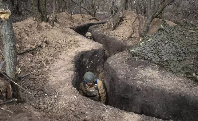 FILE - Ukrainian servicemen of the 28th Separate Mechanised Brigade take their position in a trench at the front line, near Bakhmut, Donetsk region, Ukraine, March 3, 2024. (AP Photo/Efrem Lukatsky, File)