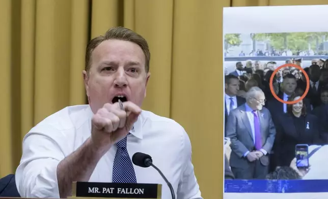 Rep. Pat Fallon, R-Texas, questions Secret Service Acting Director Ronald L. Rowe Jr. during a hearing by the House Task Force on the Attempted Assassination of Donald J. Trump on the Secret Service's security failures regarding the assassination attempts on President-elect Trump, in Butler, Pa. on July 13, 2024, and West Palm Beach, Fla. on Sept. 15, 2024, on Capitol Hill, Thursday, Dec. 5, 2024, in Washington. (AP Photo/Rod Lamkey, Jr.)