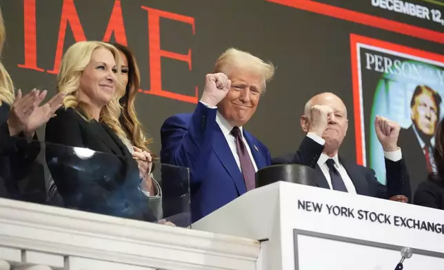 President-elect Donald Trump gestures after ringing the opening bell at the New York Stock Exchange, Thursday, Dec. 12, 2024, in New York. (AP Photo/Alex Brandon)