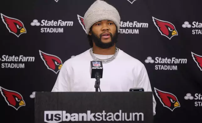 Arizona Cardinals quarterback Kyler Murray speaks during a news conference after an NFL football game against the Minnesota Vikings Sunday, Dec. 1, 2024, in Minneapolis. (AP Photo/Bruce Kluckhohn)