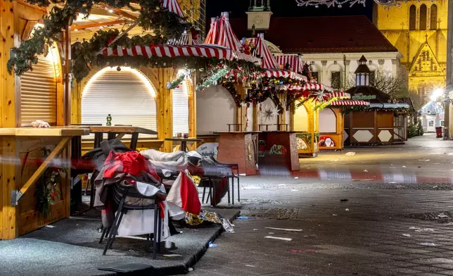 The Christmas market, where a car drove into a crowd on Friday evening, in Magdeburg, Germany, is empty on Sunday morning , Dec. 22, 2024. (AP Photo/Michael Probst)