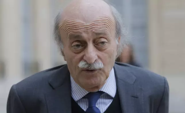 FILE - Lebanese Druse leader Walid Jumblatt speaks to the media after a meeting with France's President Francois Hollande at the Elysee Palace in Paris, Tuesday, Feb. 21, 2017. (AP Photo/Michel Euler, File)