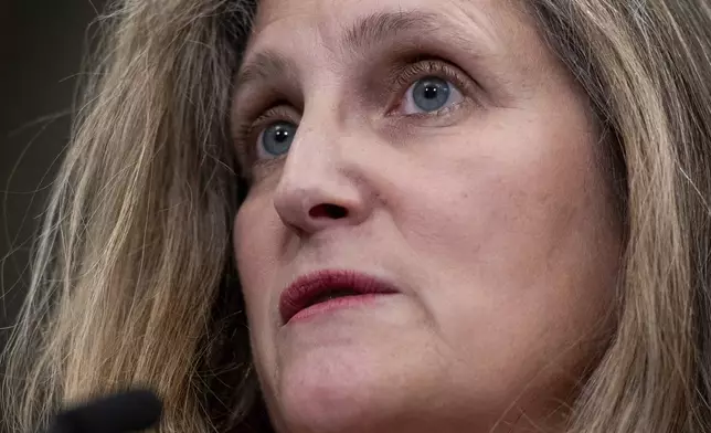 FILE - Minister of Finance and Deputy Prime Minister Chrystia Freeland delivers remarks on Parliament Hill in Ottawa, Ontario, on Wednesday, Dec. 11, 2024. (Spencer Colby/The Canadian Press via AP, File)