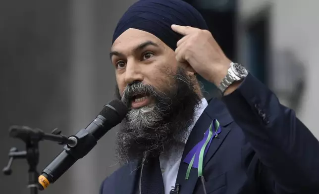 FILE - New Democratic Party leader Jagmeet Singh speaks in London, Ontario, on June 8, 2021. (Nathan Denette/The Canadian Press via AP, File)