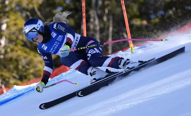 Forerunner Lindsey Vonn, of the United States, skis down the course before the training runs at the women's World Cup downhill race, Thursday, Dec. 12, 2024, in Beaver Creek, Colo. (AP Photo/Robert F. Bukaty)