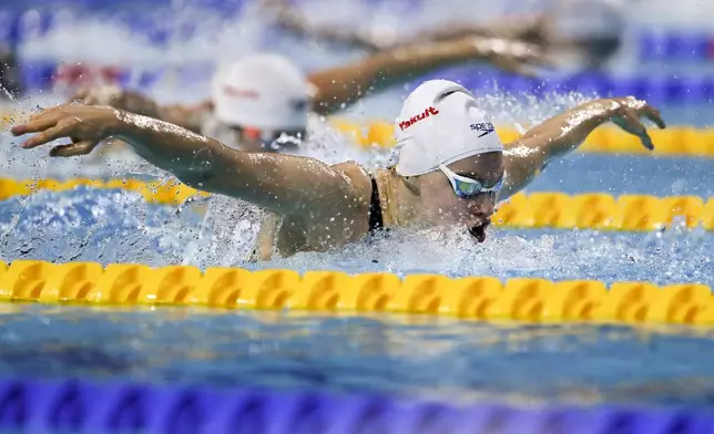 Laura Lahtinen of Finland competes during the Women's 200m Butterfly Heats on day three of the World Short Course Swimming Championships in Budapest, Hungary, Thursday, Dec. 12, 2024. (AP Photo/Denes Erdos)