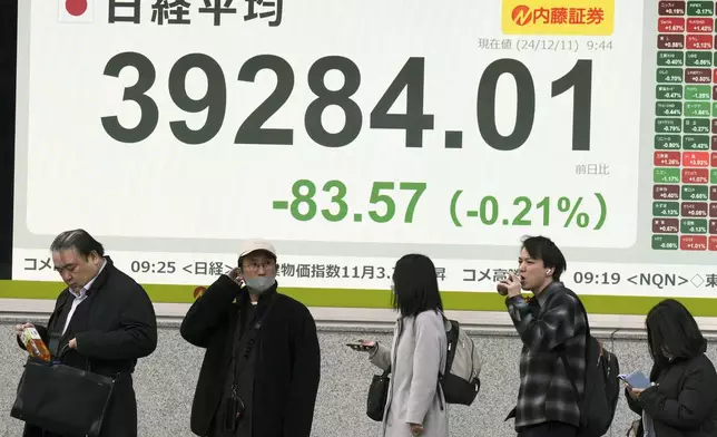 People stand in front of an electronic stock board showing Japan's Nikkei index at a securities firm Wednesday, Dec. 11, 2024, in Tokyo. (AP Photo/Eugene Hoshiko)