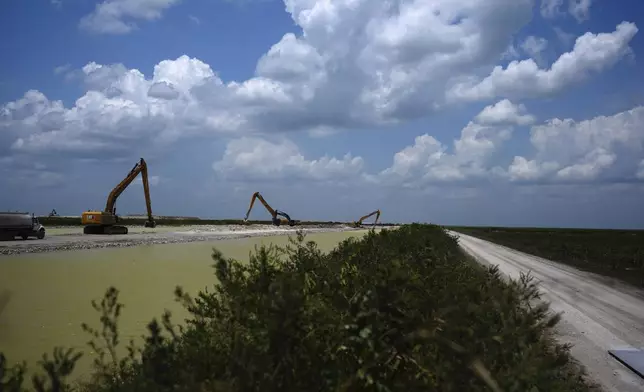 The U.S. Army Corps of Engineers work on the construction of the Everglades Agricultural Area Reservoir, intended to store polluted water from Lake Okeechobee and agricultural runoff so it can be cleaned in an adjacent stormwater treatment area before being released to flow south into the Everglades, Wednesday, May 15, 2024, in South Bay, Fla. (AP Photo/Rebecca Blackwell)