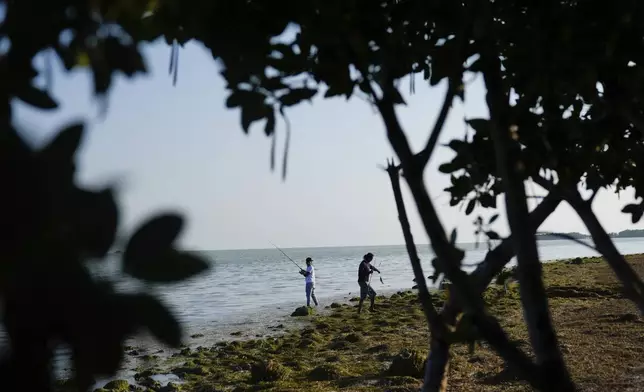 Men fish in Florida Bay from the shoreline of Florida's Everglades National Park, Saturday, May 18, 2024. (AP Photo/Rebecca Blackwell)