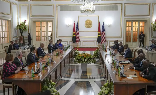 President Joe Biden faces Angola's President Joao Lourenco during their meeting at the presidential palace in the capital Luanda, Angola on Tuesday, Dec. 3, 2024. (AP Photo/Ben Curtis)