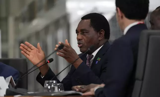 Zambia President Hakainde Hichilema speaks during the Lobito Corridor Trans-Africa Summit at the Carrinho food processing factory near Lobito, Angola, on Wednesday, Dec. 4, 2024. (AP Photo/Ben Curtis)