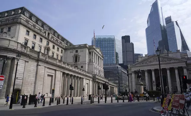 FILE - The Bank of England is pictured in London, on Aug. 1, 2024. (AP Photo/Alberto Pezzali, File)