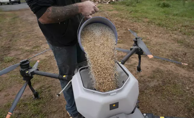 Russell Hedrick prepares a DJI drone to put crop cover on his farm, Tuesday, Dec. 17, 2024, in Hickory, N.C. (AP Photo/Allison Joyce)