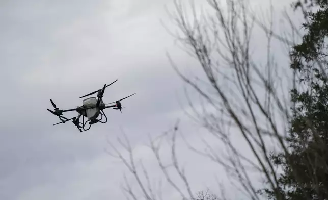 Russell Hedrick's DJI drone puts crop cover on his farm, Tuesday, Dec. 17, 2024, in Hickory, N.C. (AP Photo/Allison Joyce)