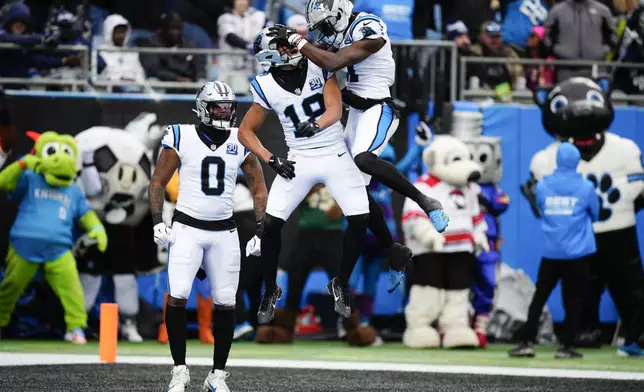 Carolina Panthers wide receiver Jalen Coker (18) celebrates after scoring against the Dallas Cowboys during the first half of an NFL football game, Sunday, Dec. 15, 2024, in Charlotte, N.C. (AP Photo/Jacob Kupferman)