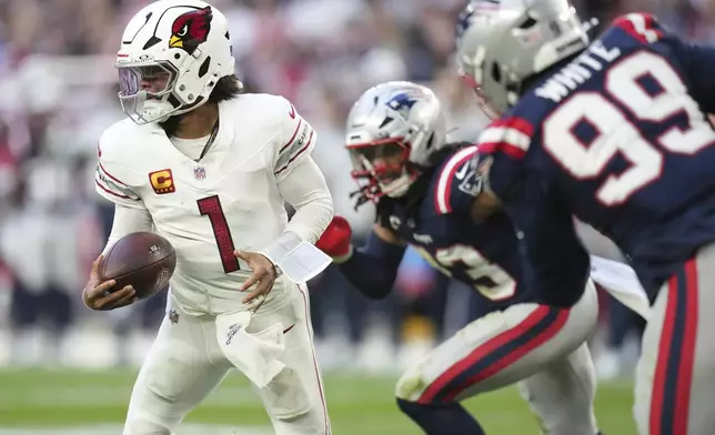 Arizona Cardinals quarterback Kyler Murray (1) scrambles against the New England Patriots during the second half of an NFL football game, Sunday, Dec. 15, 2024, in Glendale, Ariz. (AP Photo/Ross D. Franklin)