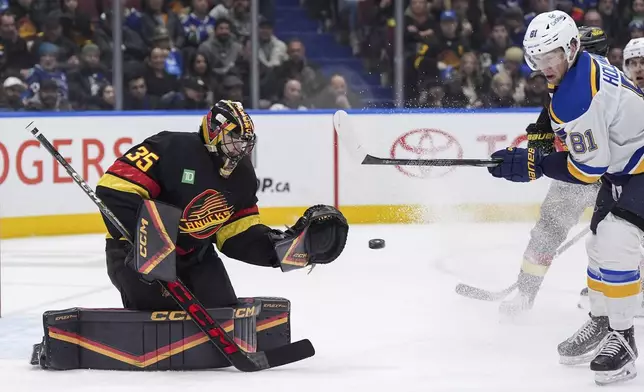 Vancouver Canucks goalie Thatcher Demko (35) makes the save as St. Louis Blues' Dylan Holloway (81) tries to redirect the puck during the second period of an NHL hockey game in Vancouver Tuesday, Dec. 10, 2024. (Darryl Dyck/The Canadian Press via AP)