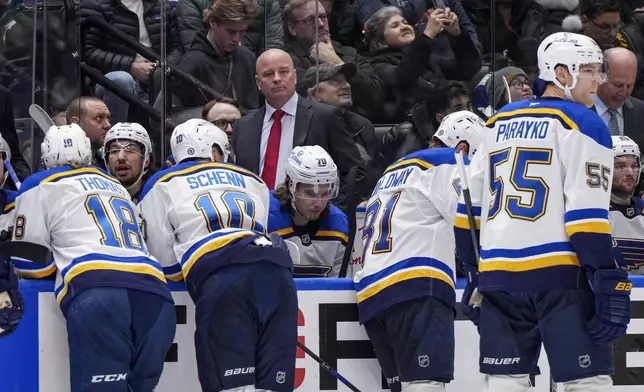 St. Louis Blues head coach Jim Montgomery, back center, stands behind the bench during the second period of an NHL hockey game against the Vancouver Canucks in Vancouver Tuesday, Dec. 10, 2024. (Darryl Dyck/The Canadian Press via AP)