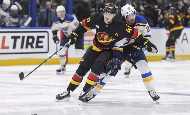 Vancouver Canucks' Elias Pettersson (40) and St. Louis Blues' Jordan Kyrou (25) vie for the puck during the third period of an NHL hockey game in Vancouver, Tuesday, Dec. 10, 2024. (Darryl Dyck/The Canadian Press via AP)