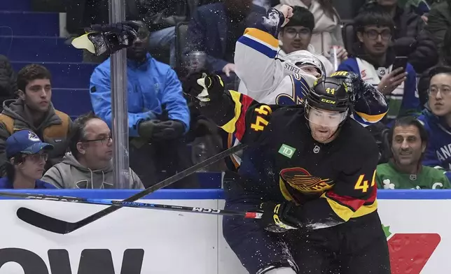 St. Louis Blues' Oskar Sundqvist, back, loses one of his gloves as he and Vancouver Canucks' Kiefer Sherwood collide during the third period of an NHL hockey game in Vancouver, on Tuesday, Dec. 10, 2024. (Darryl Dyck/The Canadian Press via AP)