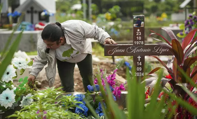 Dalila Santiago, an environmental leader, cleans the tomb of slain friend Juan López at a cemetery in Tocoa, Honduras, Saturday, Dec. 7, 2024. (AP Photo/Moises Castillo)