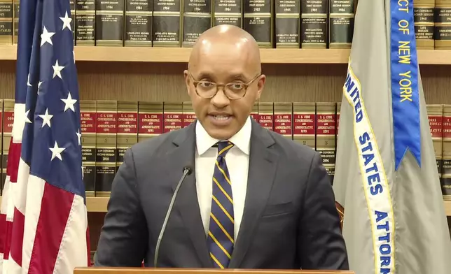 This still image from video from the U.S. Attorney's Office shows U.S. Attorney for the Southern District of New York Damian Williams during a news conference, in New York, Wednesday, Dec. 11, 2024, as he announces luxury real estate brokers Oren and Tal Alexander and their sibling Alon Alexander have been charged with sex trafficking, according to a federal indictment unsealed in Manhattan. (U.S. Attorney's Office via AP)