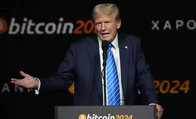 FILE - Republican presidential nominee former President Donald Trump speaks at the Bitcoin 2024 Conference July 27, 2024, in Nashville, Tenn. (AP Photo/Mark Humphrey, File)