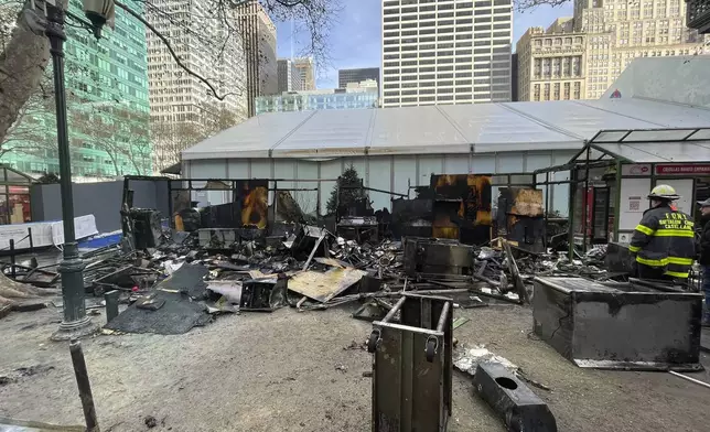 This image provided by the Fire Department of New York, FDNY personnel investigates the aftermath of a fire at an outdoor holiday market in Bryant Park on Friday, Dec. 27, 2024 in New York. (FDNY via AP)