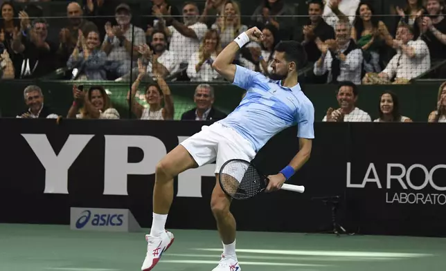 Serbia's Novak Djokovic reacts during an exhibition tennis match against Argentina's Juan Martin Del Potro in Buenos Aires, Argentina, Sunday, Dec. 1, 2024. (AP Photo/Gustavo Garello)