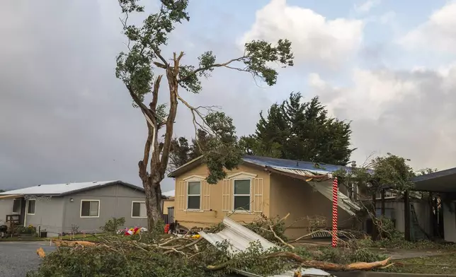 A large tree branch crashed into a garage near Coe Avenue in Seaside, Calif., Saturday, Dec. 14, 2024. (AP Photo/Nic Coury)