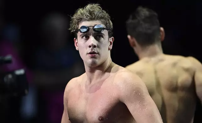 Noe Ponti of Switzerland reacts after competing in the Men's 50m Butterfly on day one of the World Short Course Swimming Championships in Budapest, Hungary, Tuesday, Dec. 10, 2024. (AP Photo/Denes Erdos)