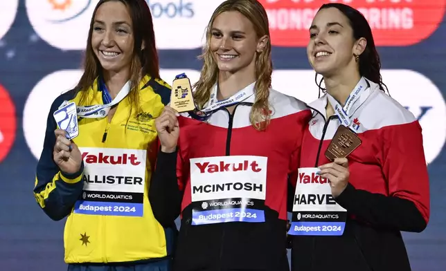 From the left, second-placed Lani Pallister of Australia, first-placed Canada's Summer Mcintosh, and third-placed Canada's Mary-Sophie Harvey during the World Short Course Swimming Championships in Budapest, Hungary, Tuesday, Dec. 10, 2024. (AP Photo/Denes Erdos)