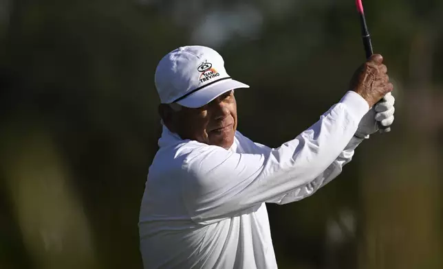 Lee Trevino tees off on the fifth hole during the first round of the PNC Championship golf tournament, Saturday, Dec. 21, 2024, in Orlando, Fla. (AP Photo/Phelan M. Ebenhack)