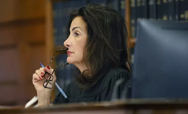 Newly appointed to the case, Judge Diane Freniere listens to motions during the Brian Walshe trial at the Norfolk Superior Court in Dedham, Mass. Monday, Dec. 2, 2024. (Greg Derr/The Patriot Ledger via AP)