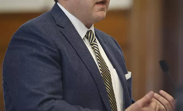 Prosecutor Greg Connor speaks during the Brian Walshe trial at the Norfolk Superior Court in Dedham, Mass. Monday, Dec. 2, 2024. (Greg Derr/The Patriot Ledger via AP)