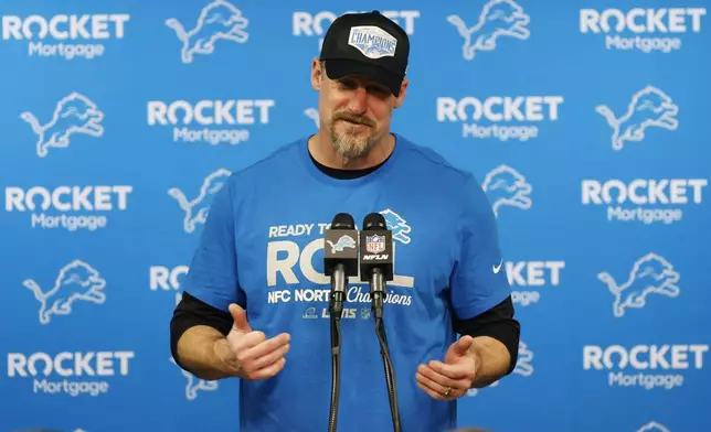 Detroit Lions head coach Dan Campbell talks to the medial following an NFL football game against the Minnesota Vikings Monday, Jan. 6, 2025, in Detroit. (AP Photo/Rey Del Rio)