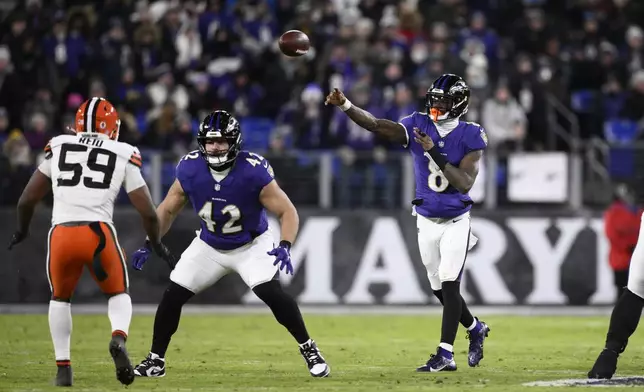 Baltimore Ravens quarterback Lamar Jackson throws during the first half of an NFL football game against the Cleveland Browns Saturday, Jan. 4, 2025, in Baltimore. (AP Photo/Nick Wass)