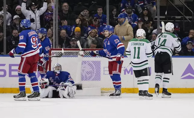 New York Rangers goaltender Jonathan Quick (32), Mika Zibanejad (93) and Adam Fox (23) react after Dallas Stars' Jamie Benn (14) scored a goal during the overtime period of an NHL hockey game, Tuesday, Jan. 7, 2025, in New York. (AP Photo/Frank Franklin II)