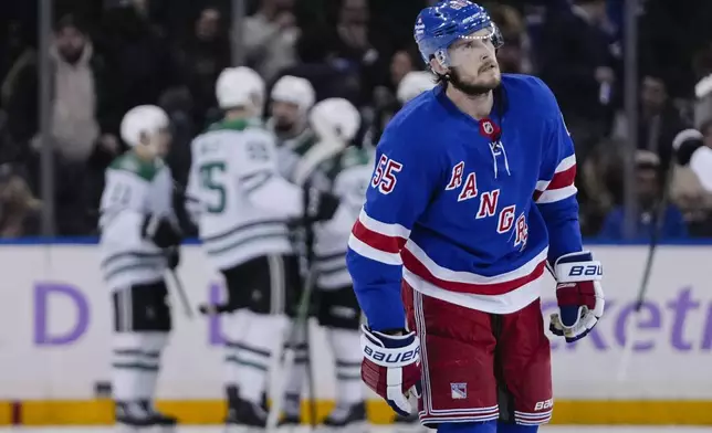 New York Rangers' Ryan Lindgren (55) leaves the ice after an NHL hockey game against the Dallas Stars, Tuesday, Jan. 7, 2025, in New York. (AP Photo/Frank Franklin II)