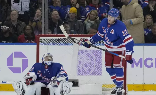 New York Rangers goaltender Jonathan Quick and Adam Fox (23) reacts after losing an NHL hockey game to the Dallas Stars, Tuesday, Jan. 7, 2025, in New York. (AP Photo/Frank Franklin II)