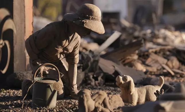 Statues stand amidst debris after the Eaton Fire destroyed a property in Altadena, Calif., Saturday, Jan. 11, 2025. (AP Photo/Mark J. Terrill)