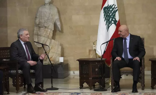 Lebanese President Joseph Aoun, right, meets with Italian Foreign Minister Antonio Tajani at the presidential palace in Baabda, east of Beirut, Lebanon, Friday, Jan. 10, 2025. (AP Photo/Hussein Malla)