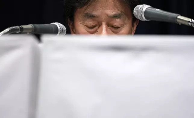 Koichi Minato, President and CEO of Fuji Television Network, answers questions during a press conference at Fuji Television headquarter in Tokyo, Monday, Jan. 27, 2025. (AP Photo/Eugene Hoshiko)