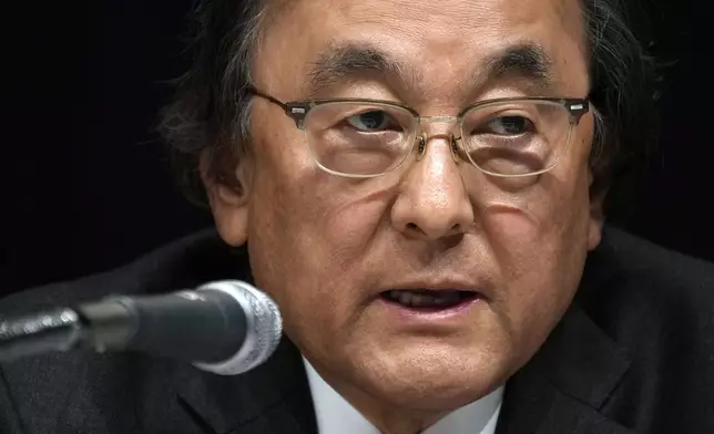 Osamu Kanemitsu, president and CEO of Fuji Media Holdings, answers a question during a news conference at the Fuji Television headquarters in Tokyo, Monday, Jan. 27, 2025. (AP Photo/Eugene Hoshiko)