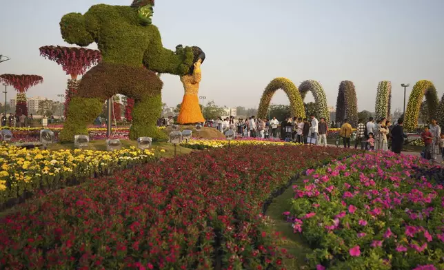 A sculpture of the Hulk made of flowers is on display at the Flower Show in Ahmedabad, India, Friday, Jan. 3, 2025. (AP Photo/Ajit Solanki)