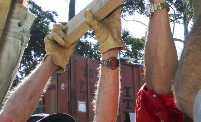 FILE - Former U.S. President Jimmy Carter helps in the contruction of a low-income housing project in Durban, South Africa, June 6, 2002. Carter was among 4,500 volunteers, organized by Habitat for Humanity, building 100 homes in the coastal city during the week. (AP Photo/Themba Hadebe, File)